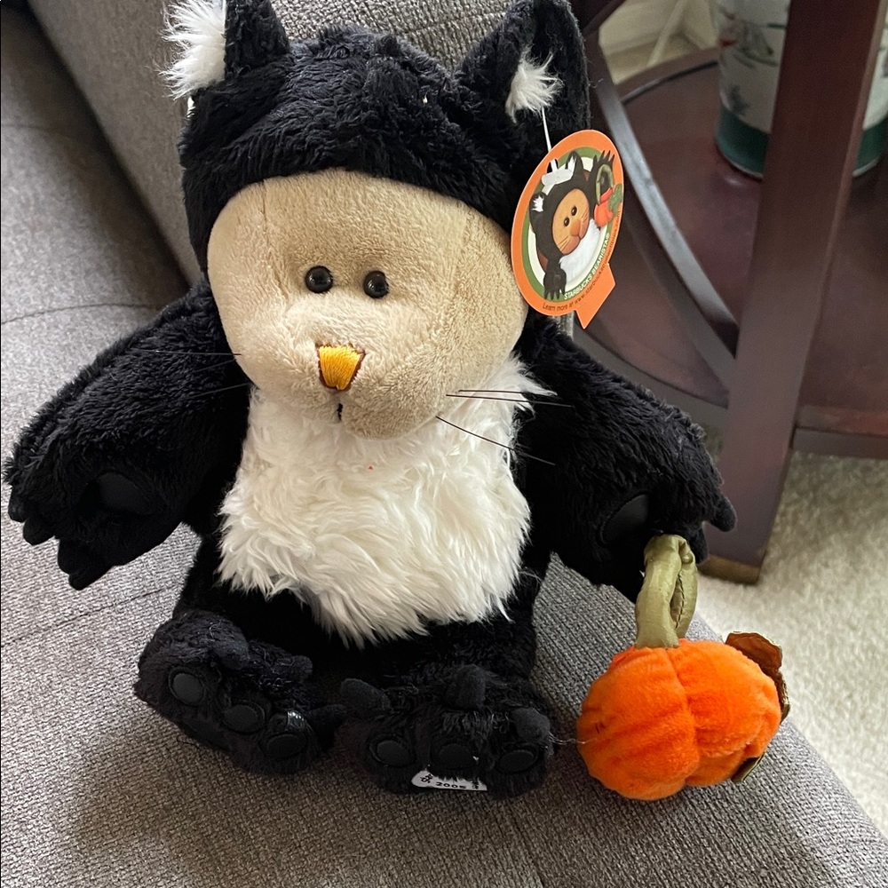Starbucks Bearista Bear in Black and White Plush Cat Costume with Pumpkin